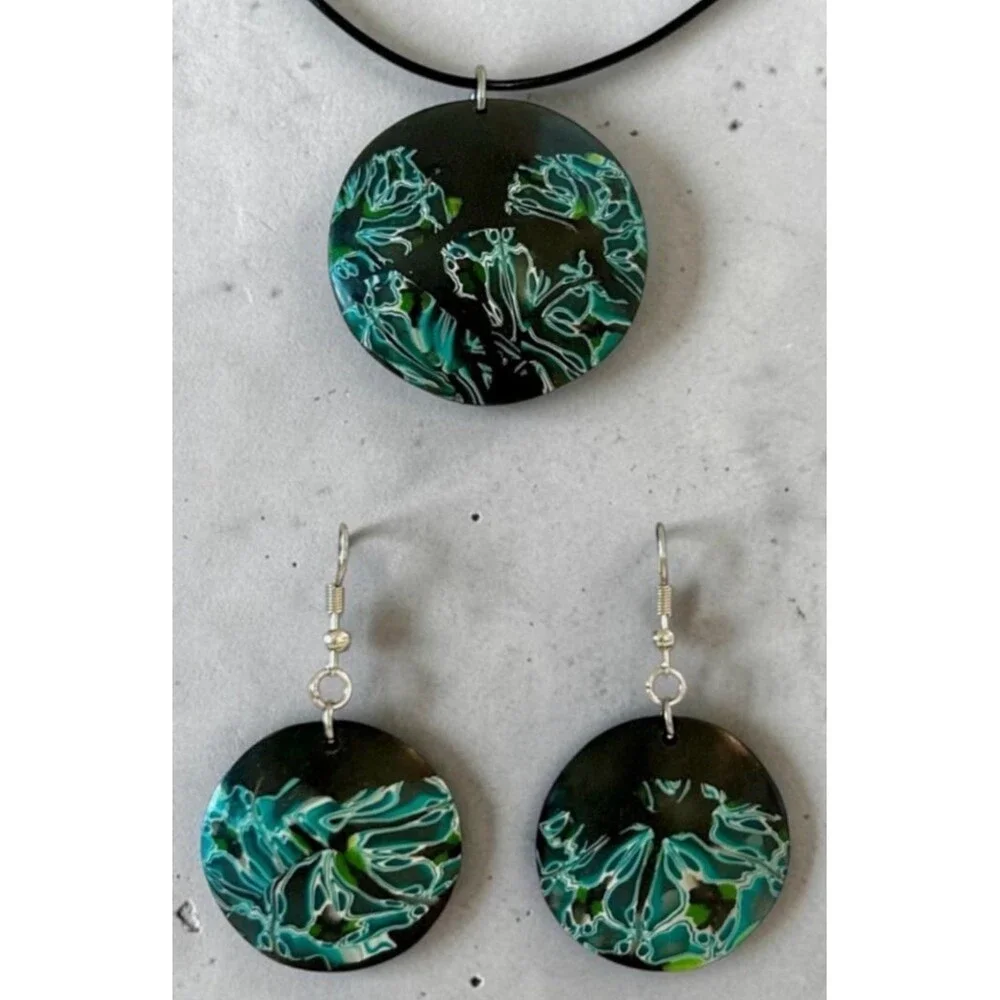 Handmade Blue & Black Abstract Floral Polymer Clay Pendant Necklace Earring Set